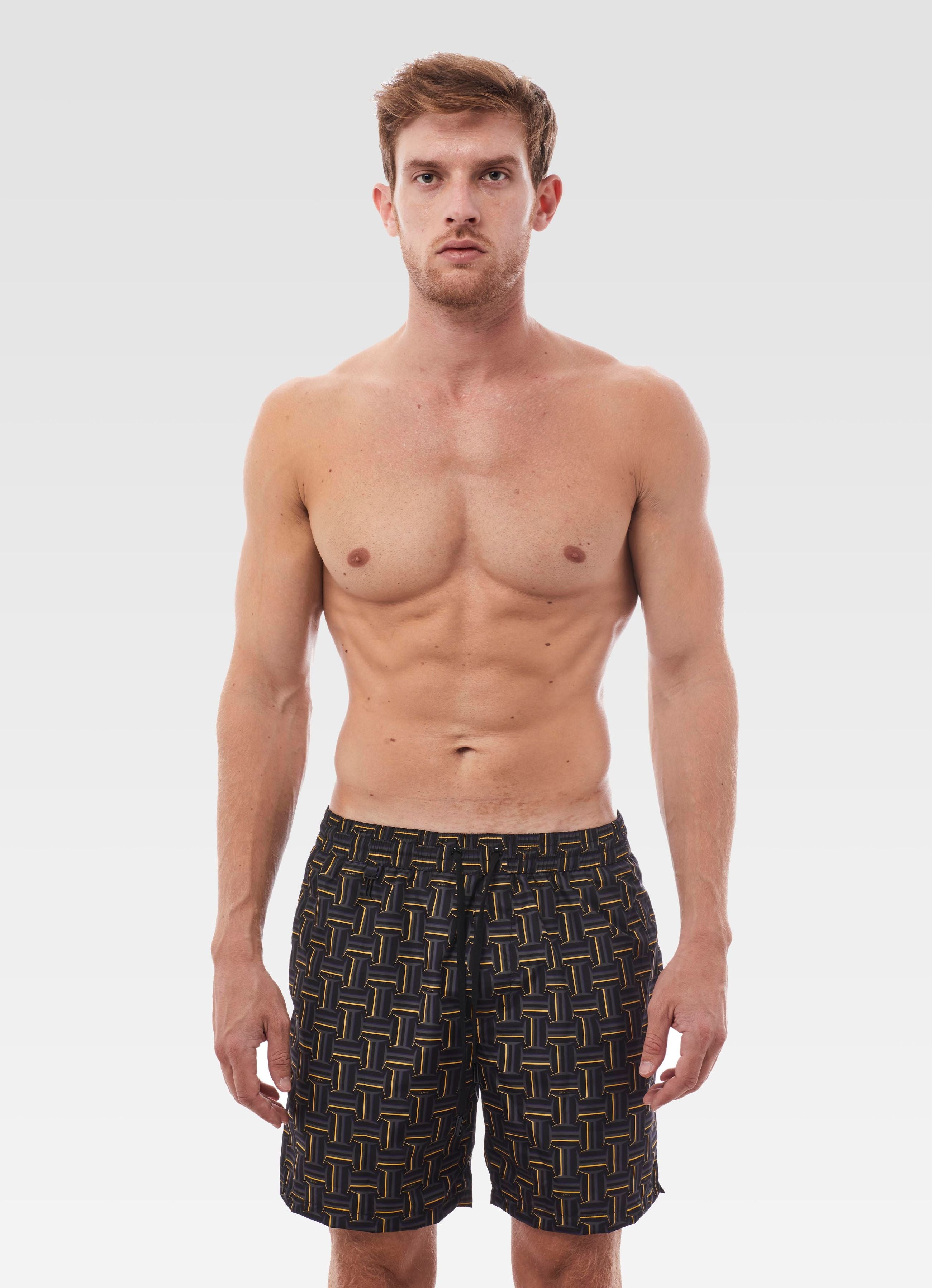 SWIM SHORTS LONG MONOGRAM BLACK & ORANGE GEMINI