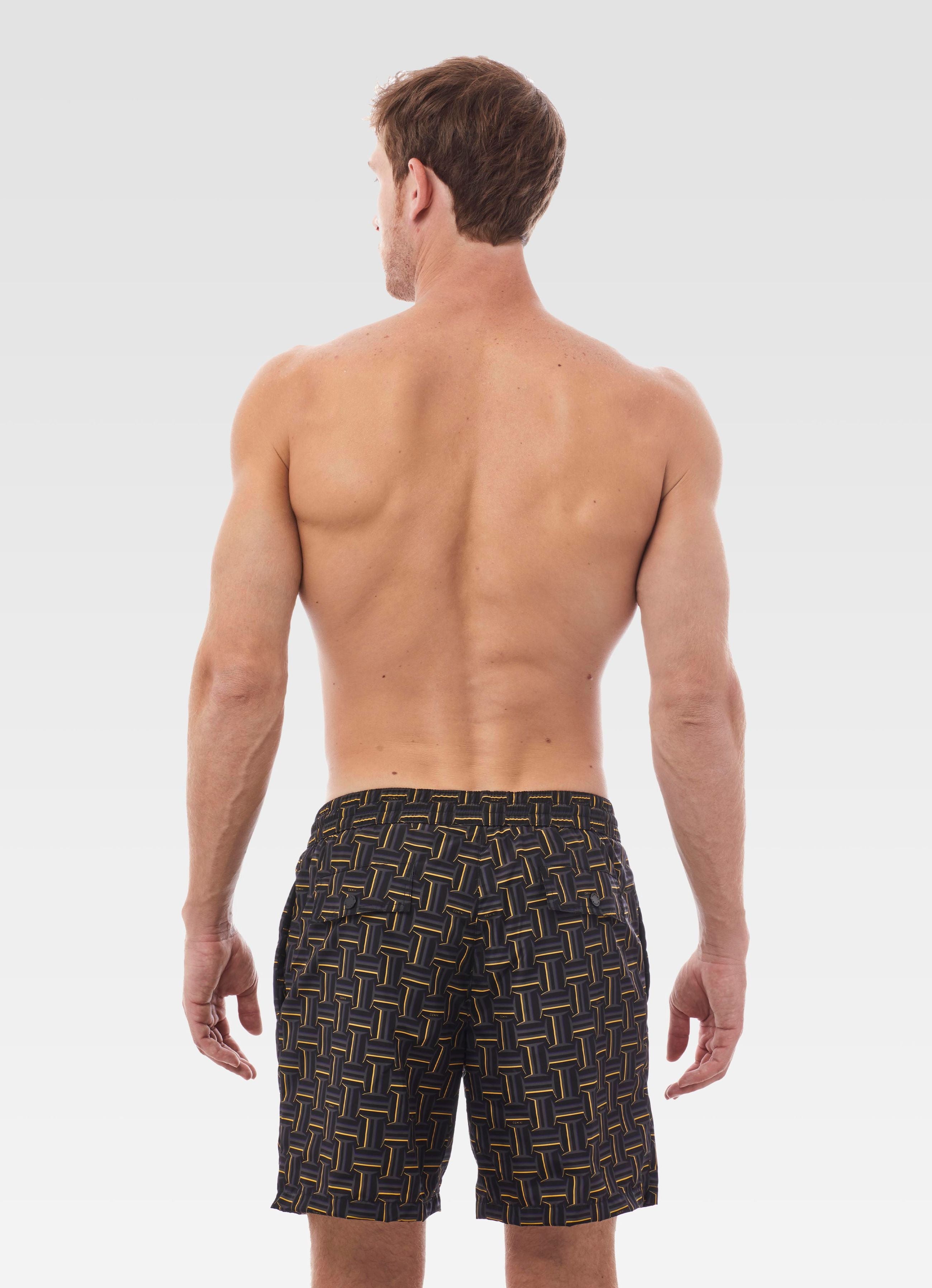 SWIM SHORTS LONG MONOGRAM BLACK & ORANGE GEMINI