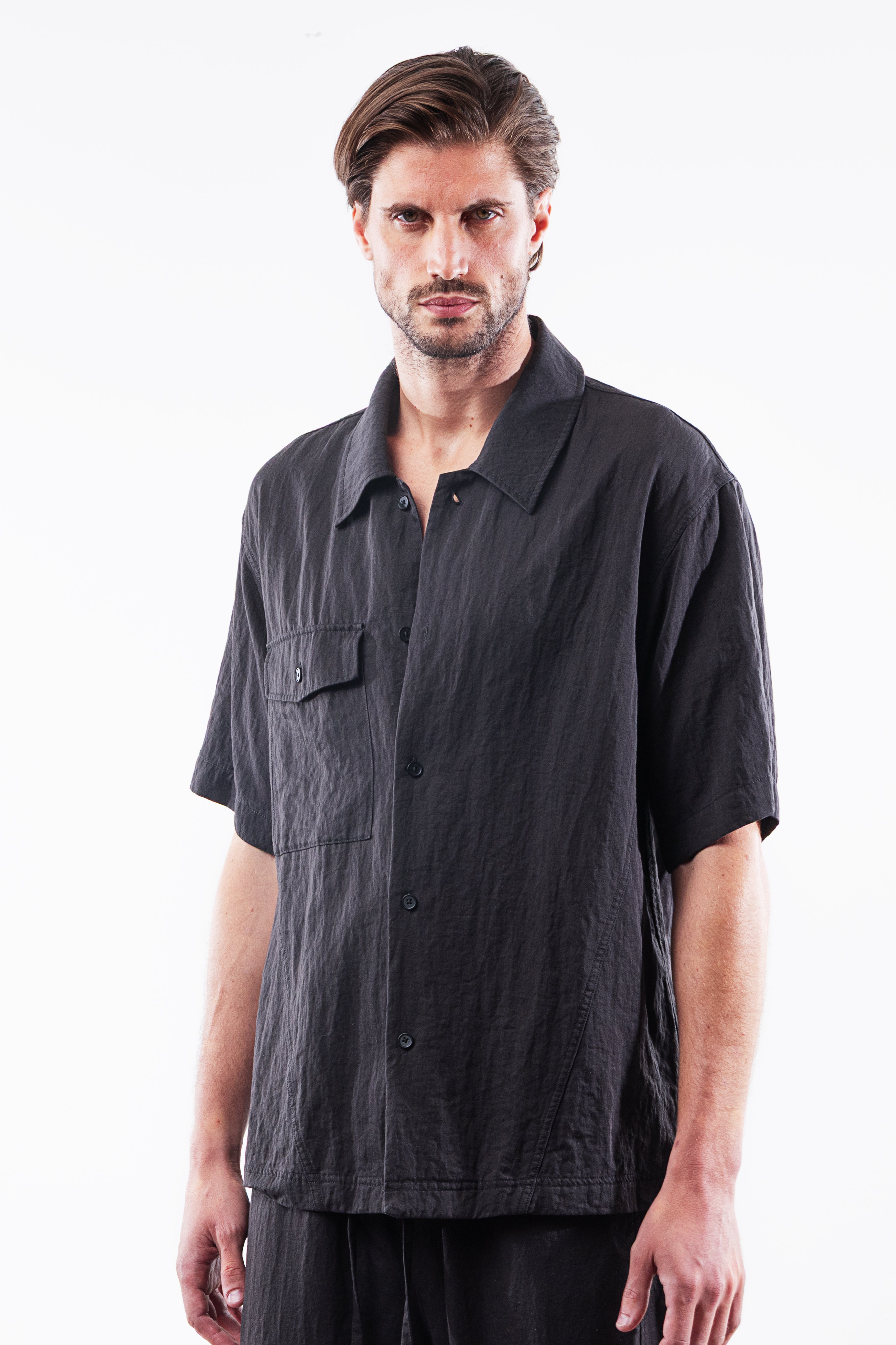 LINEN SHIRT WITH SHORT SLEEVE BLACK