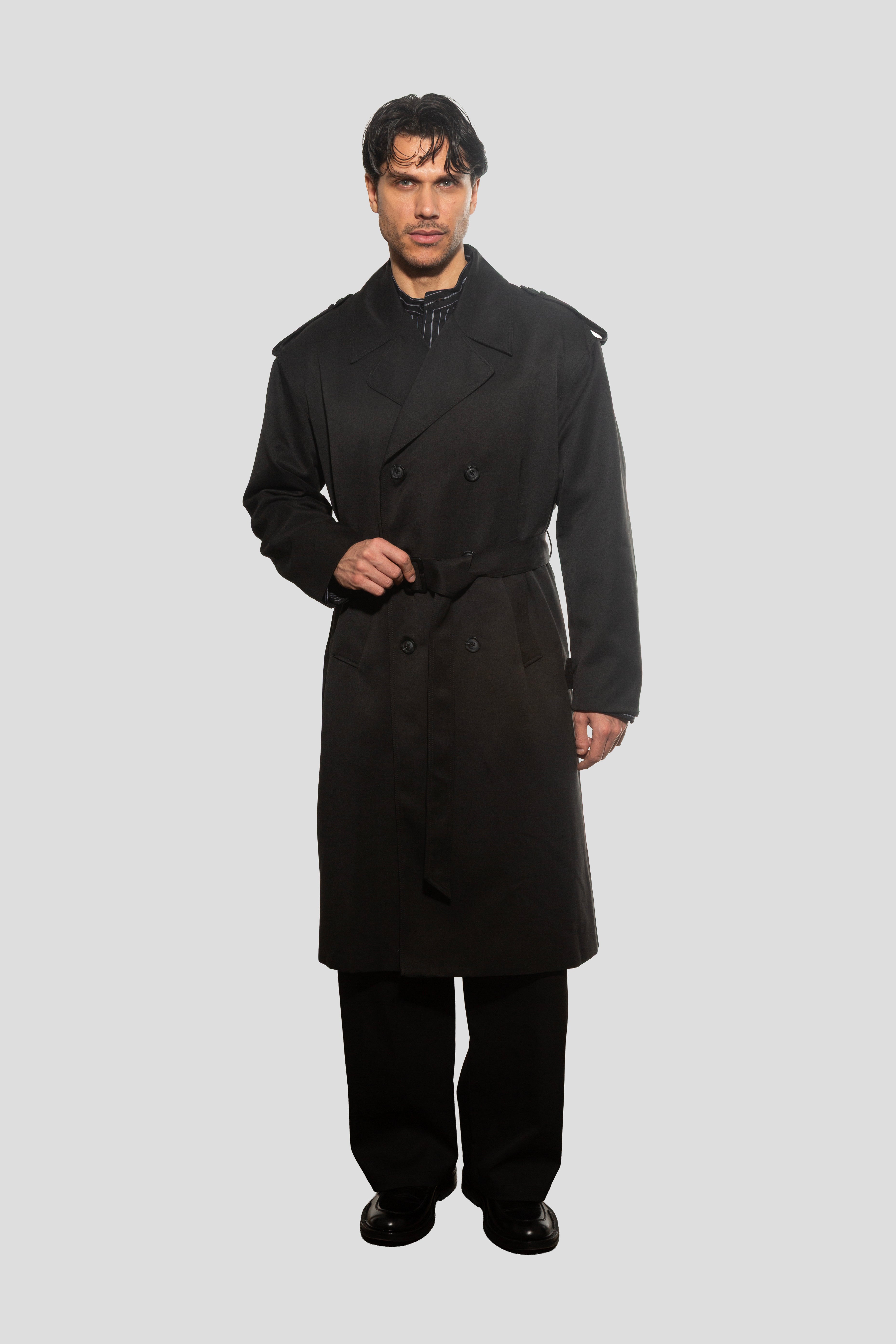 Long belted trench coat